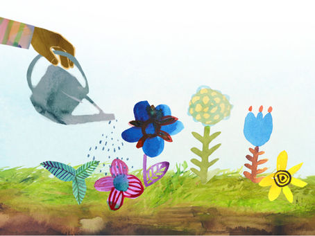 Watering the garden of Wildflowers representing fertile ground and growth