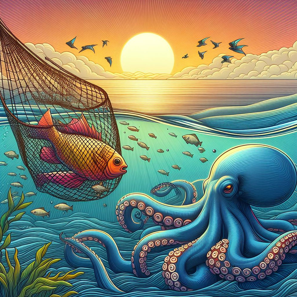 Um peixe, um polvo, sob o mar e uma rede aprisionando o peixe