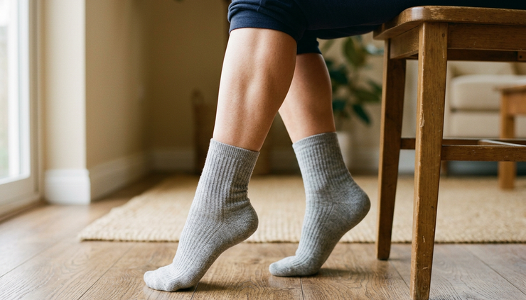 Close-up view of feet performing seated heel raises beside a chair.