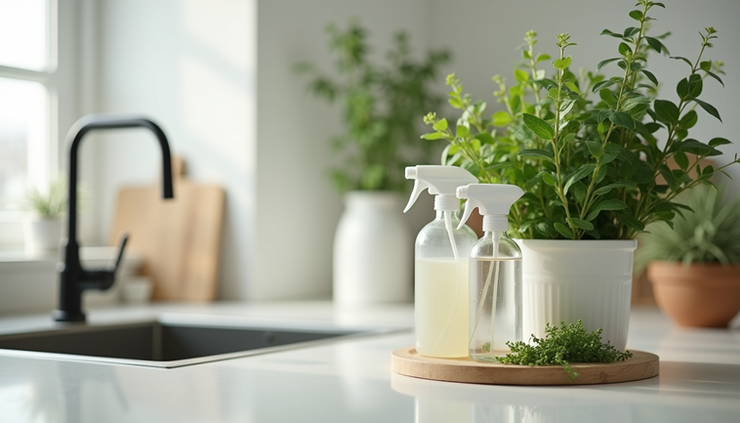 Eye-level view of a kitchen countertop with natural cleaning products and fresh herbs
