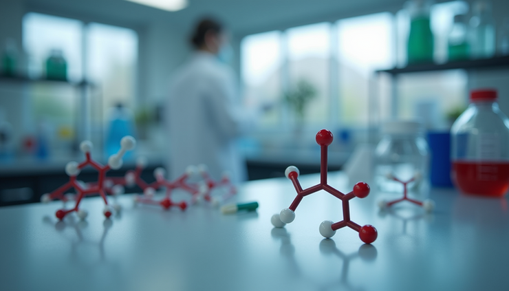 Close-up view of a hormone molecule model on a laboratory table