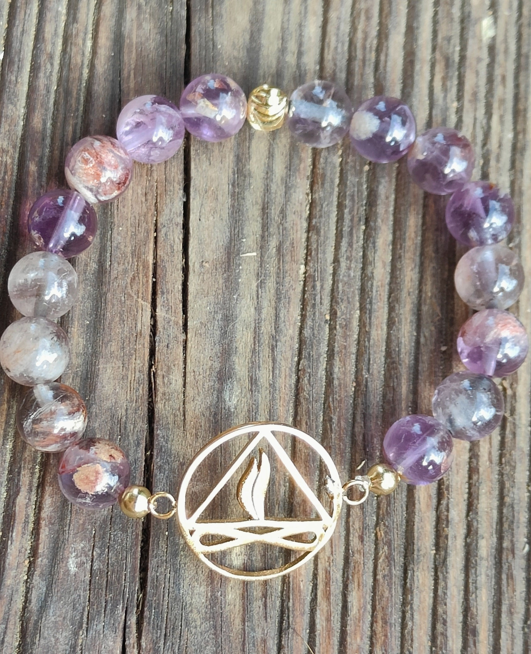 Bracelet flammes jumelles perles améthyste brute du Brésil