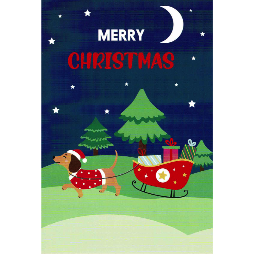 Thumbnail: Dachshund in Santa outfit pulling gift-filled sleigh with pine trees, stars, moon, and "Merry Christmas" text above.