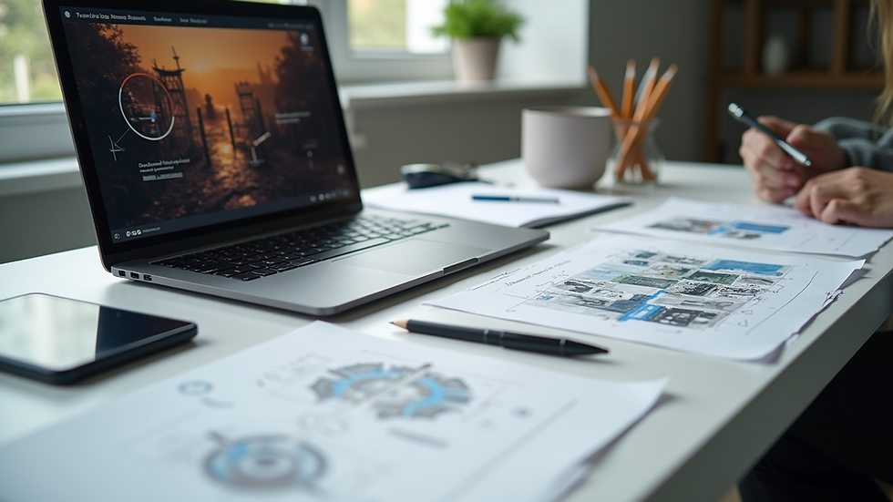 Close-up view of a designer’s desk with sketches and a laptop showing a website design