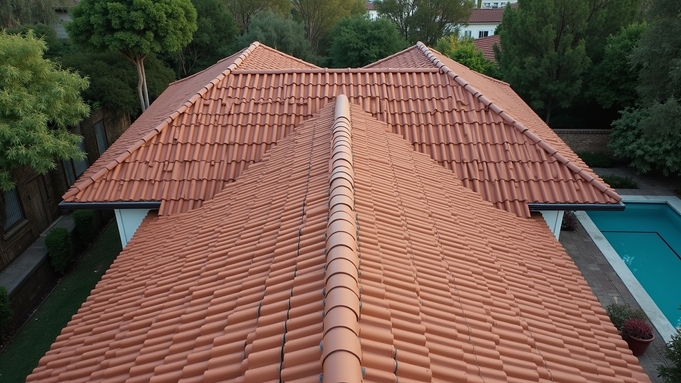 High angle view of a large residential roof with new tiles being installed