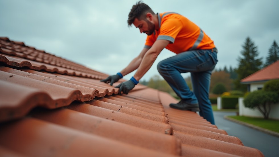 Eye-level view of a roofer inspecting a tiled roof on a residential property