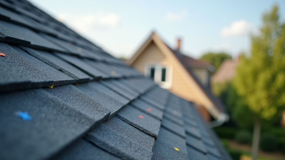 Wide angle view of a residential roof with new shingles installed