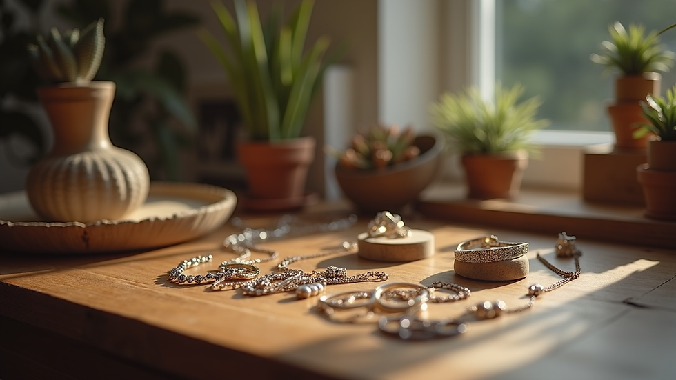 Close-up view of artisan jewellery displayed on a wooden table