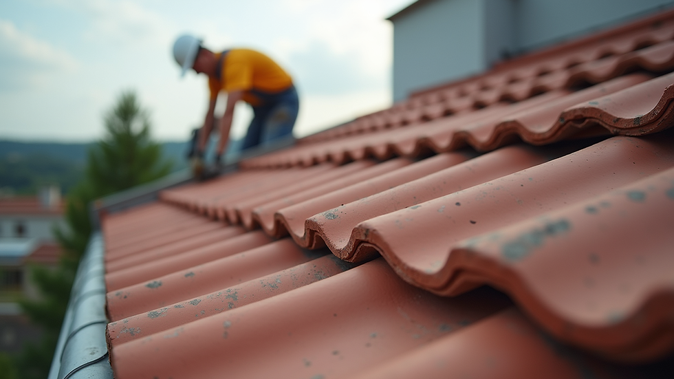 Close-up view of roofing tiles being installed on a commercial building