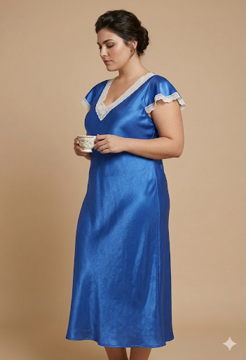 Woman in blue satin V-neck nightgown with white trim