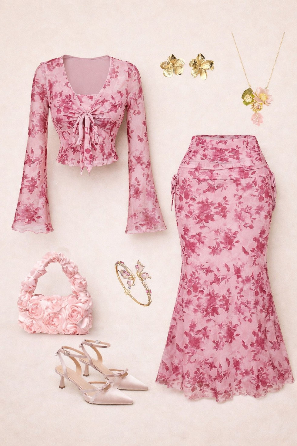 Pink floral crop top, matching midi skirt, and accessories