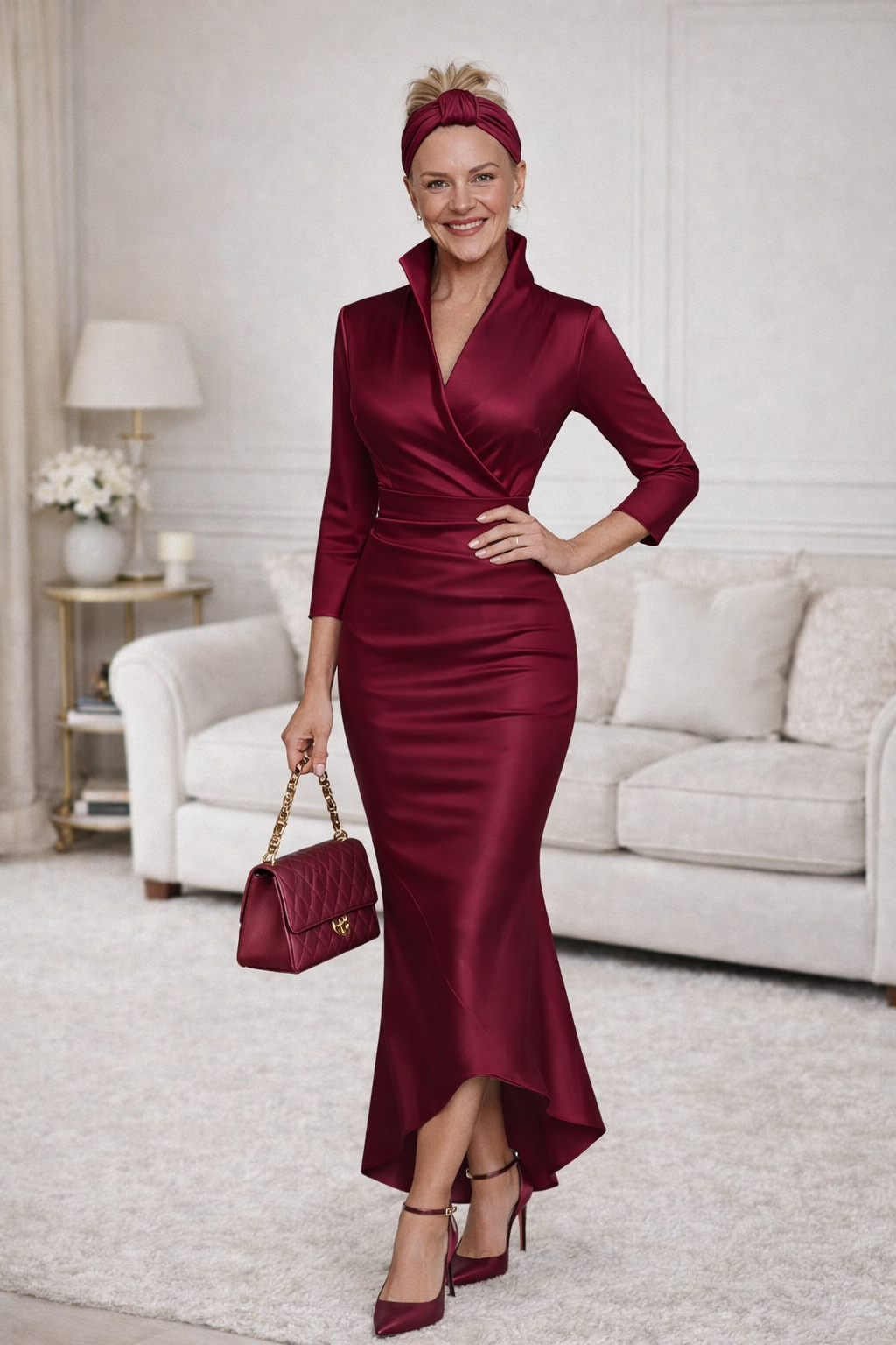Women’s Burgundy Satin Wrap Dress