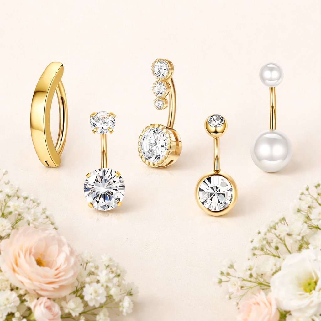 Gold belly rings with clear stones, pearl, and a gold hoop