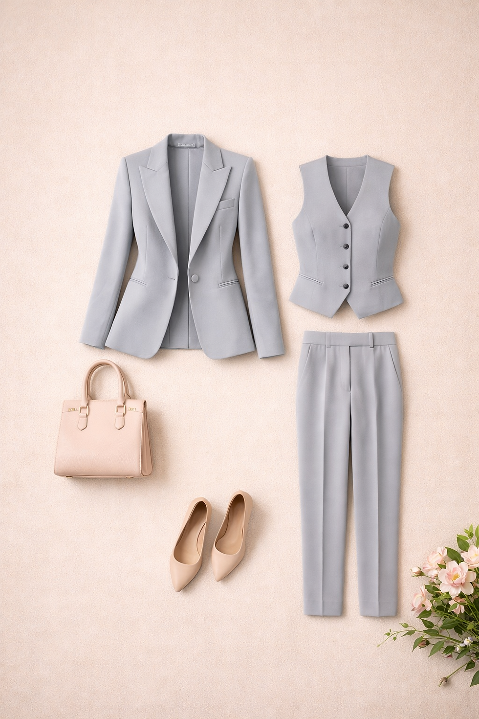 Light grey suit with blazer, vest, pants, pink handbag, flats