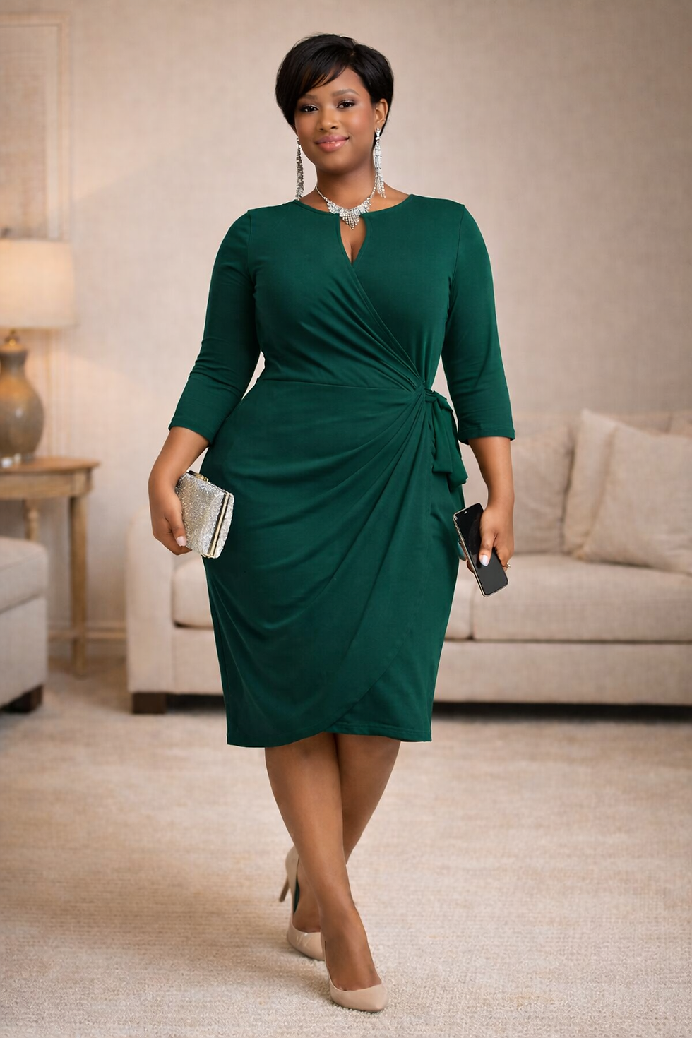 Woman in elegant green wrap dress for Women's Fashion