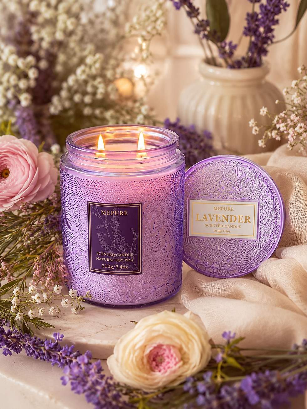 Lavender scented candle displayed on a soft floral background with flowers, cosy self-care inspiration, relaxing home spa routine, calming evening wellness, beauty lifestyle and pamper night ideas.