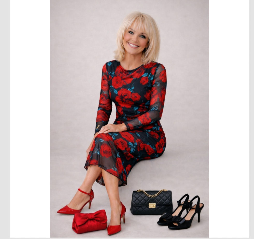 Smiling woman in red floral midi dress with red heels and clutch