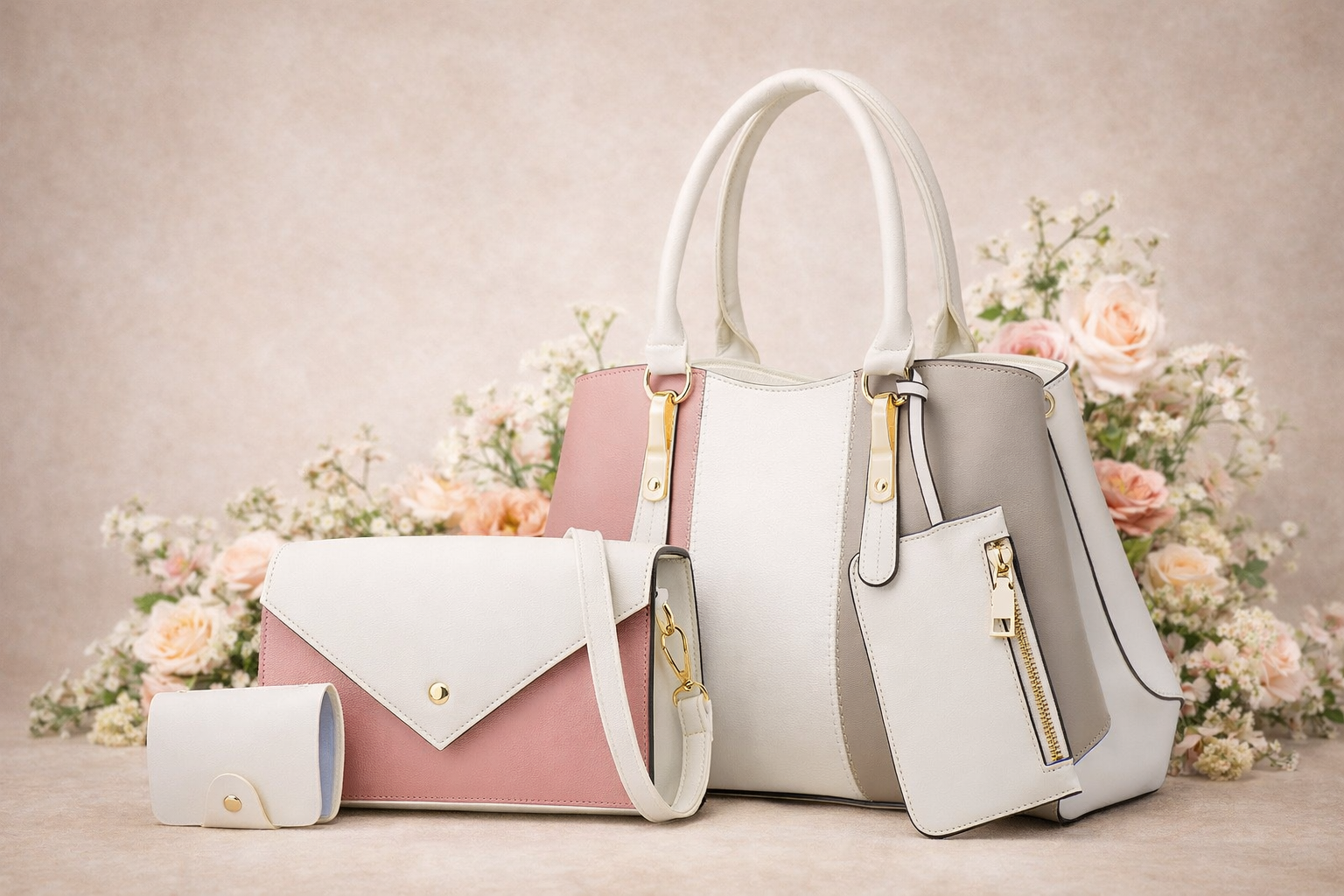 Women’s Pink and Cream 4 Piece Handbag Set