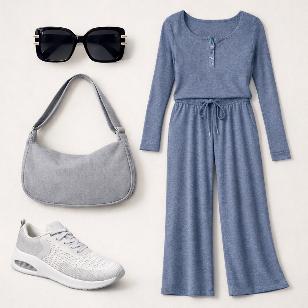 Blue co-ord set, black sunglasses, grey bag, white sneakers