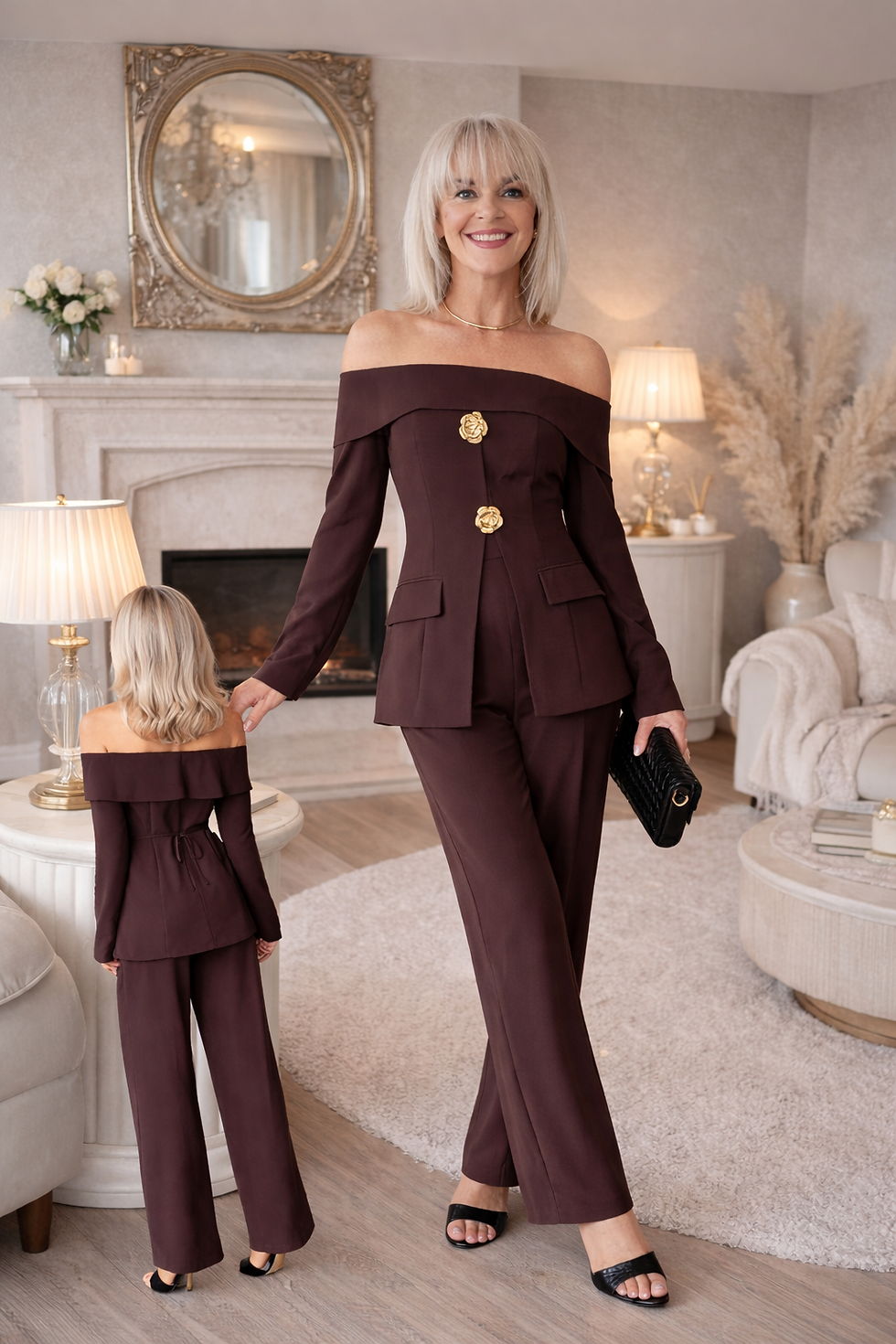 Woman models dark brown off-shoulder pantsuit