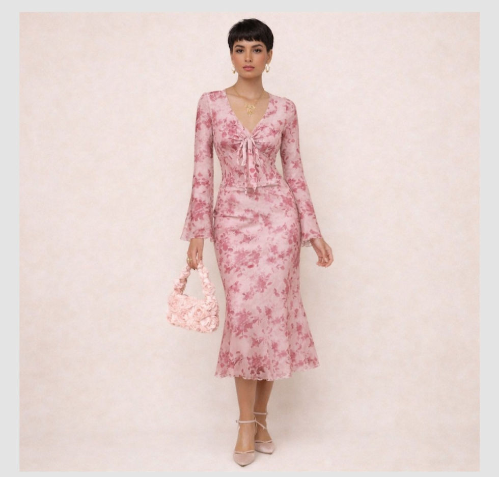 Woman in pink floral midi dress with bell sleeves and bow detail