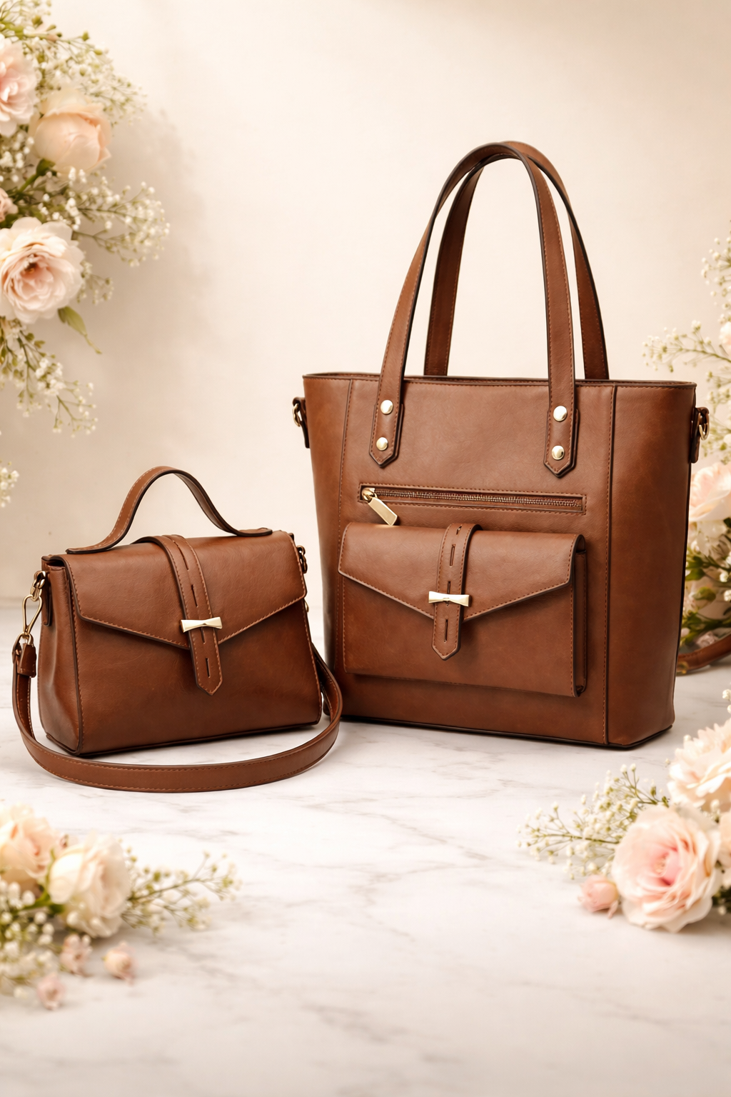 Brown Two Piece Handbag Set for Women