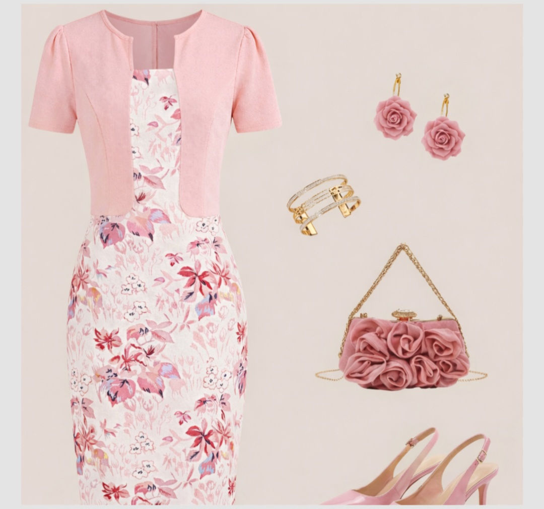 White floral midi dress, pink cardigan, and accessories