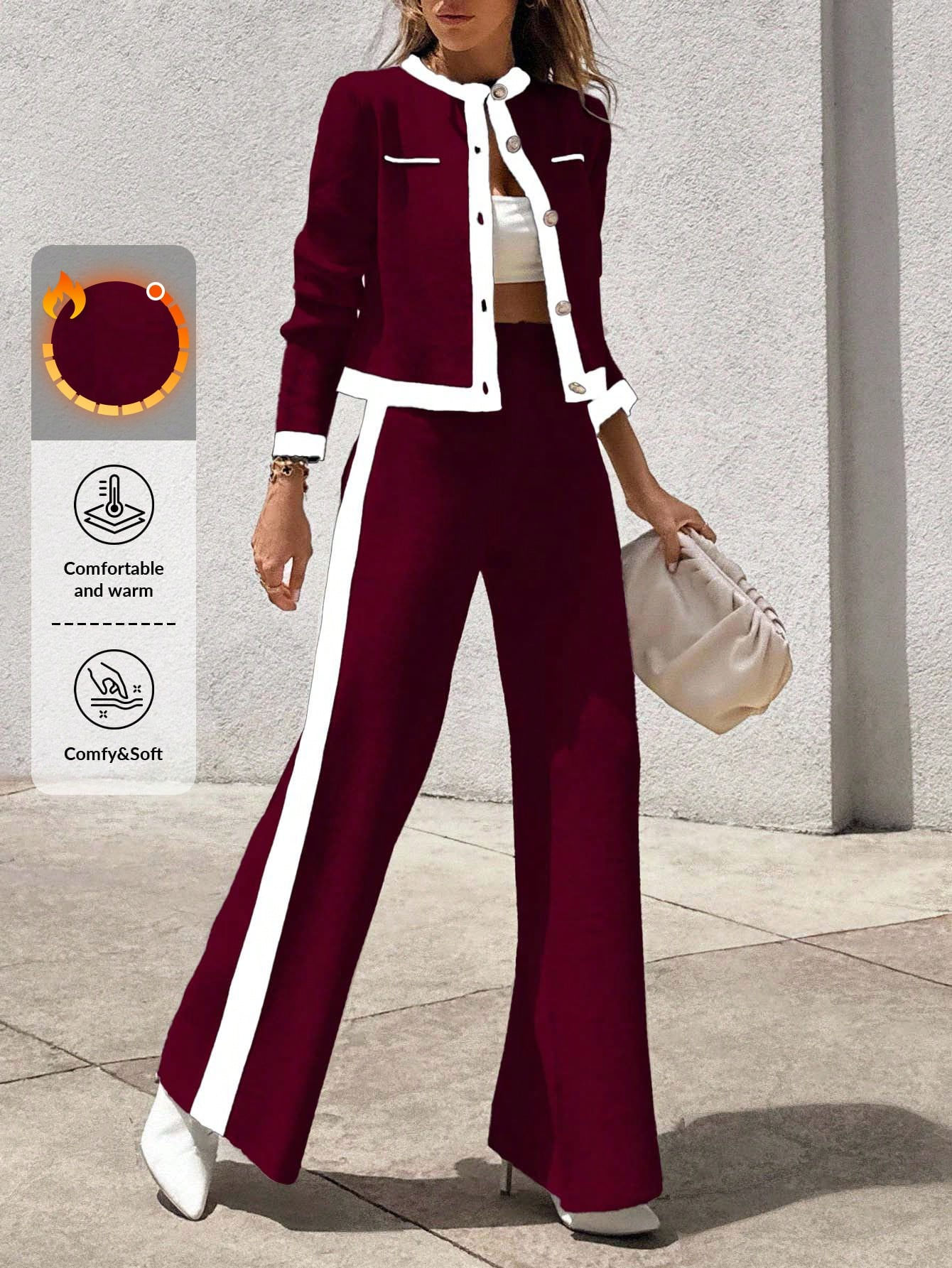 SHEIN Burgundy Contrast Trim Trouser Set