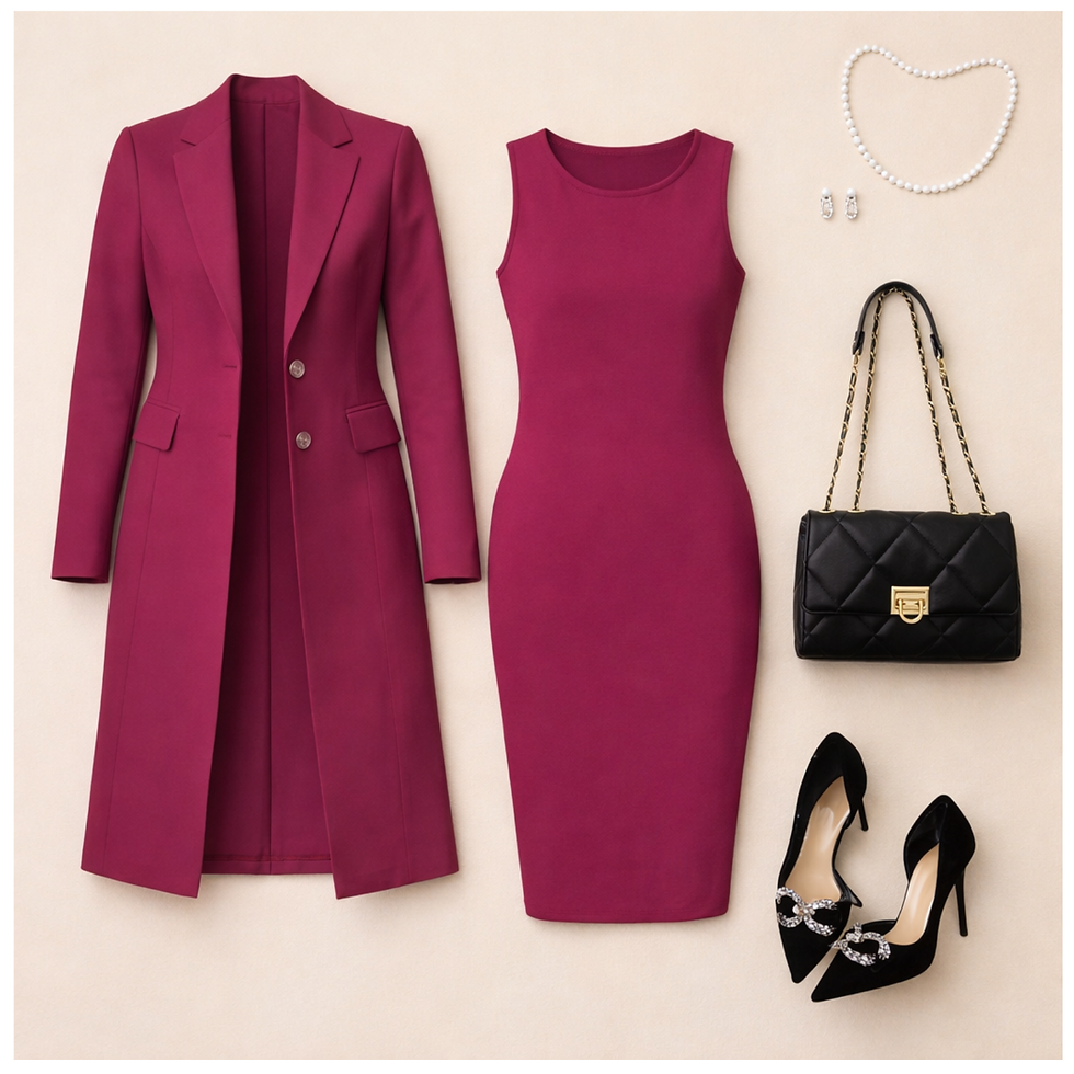 Elegant magenta coat and midi dress with black heels and handbag