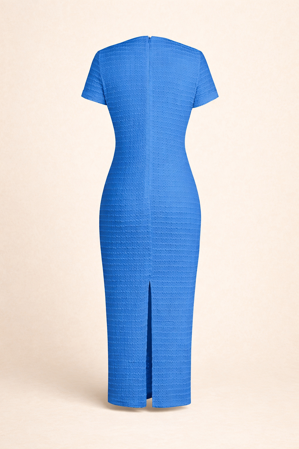 Back of a blue fitted dress