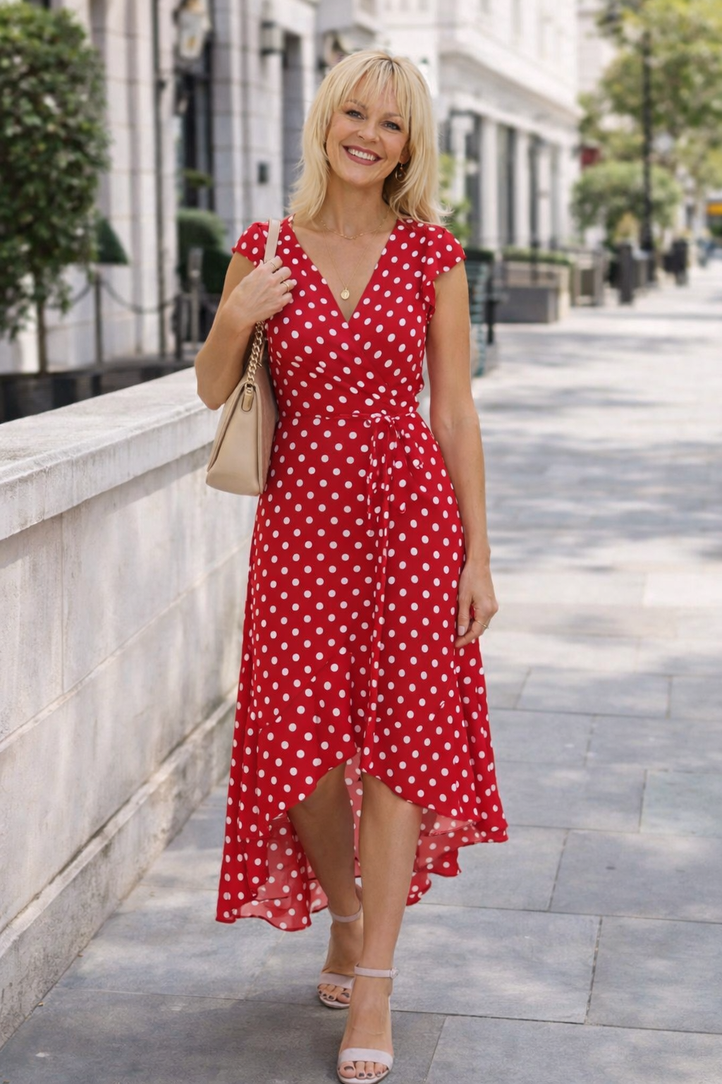 Smiling woman in red polka dot dress on city street