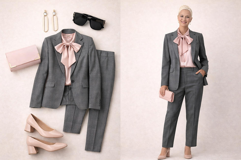 Elegant grey pantsuit, pink blouse, accessories, woman wearing outfit