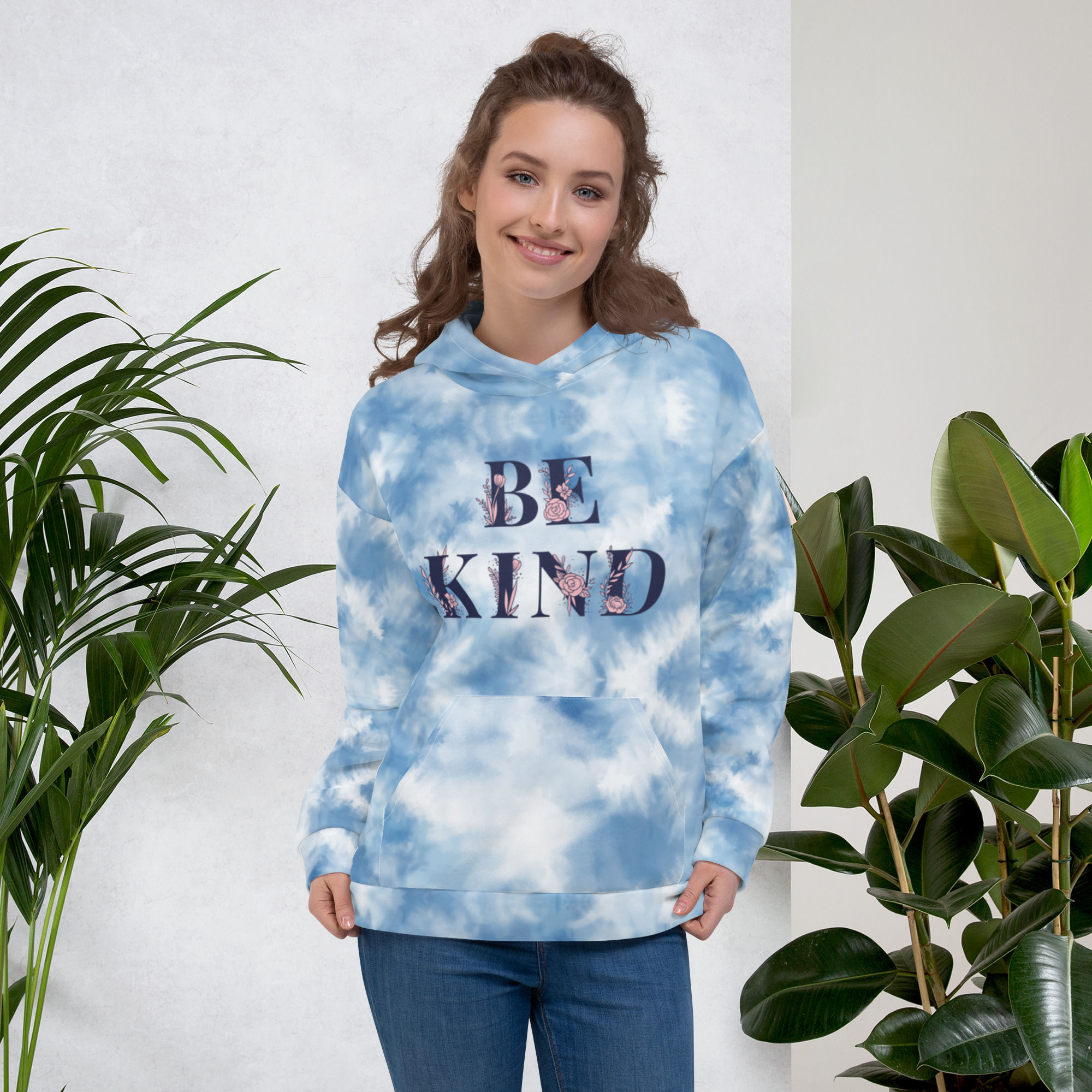 Blue and White Be Kind Tie Die Hoodie