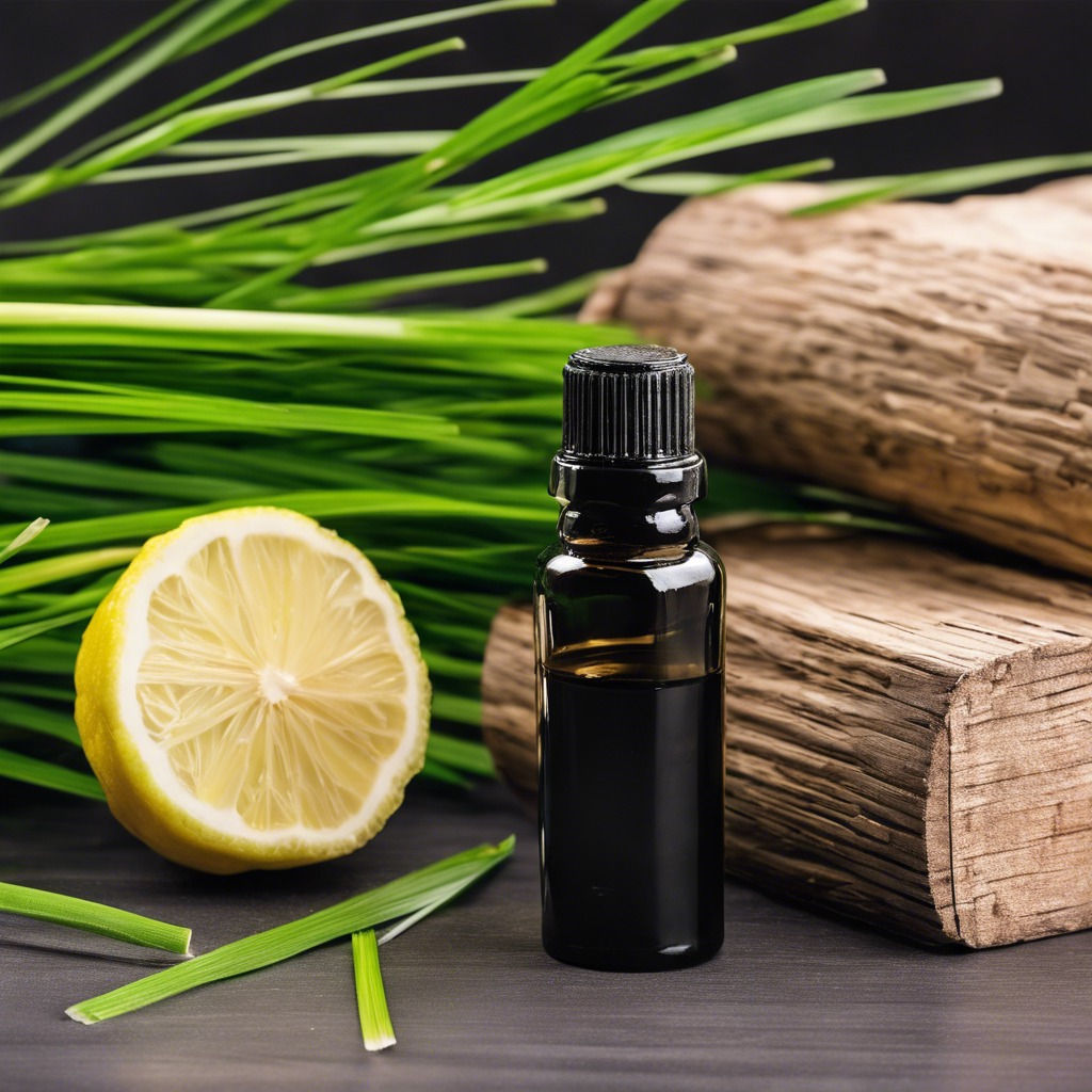10ml lemongrass essential oil in dark bottle surrounded by lemon, grass, and bark in the background