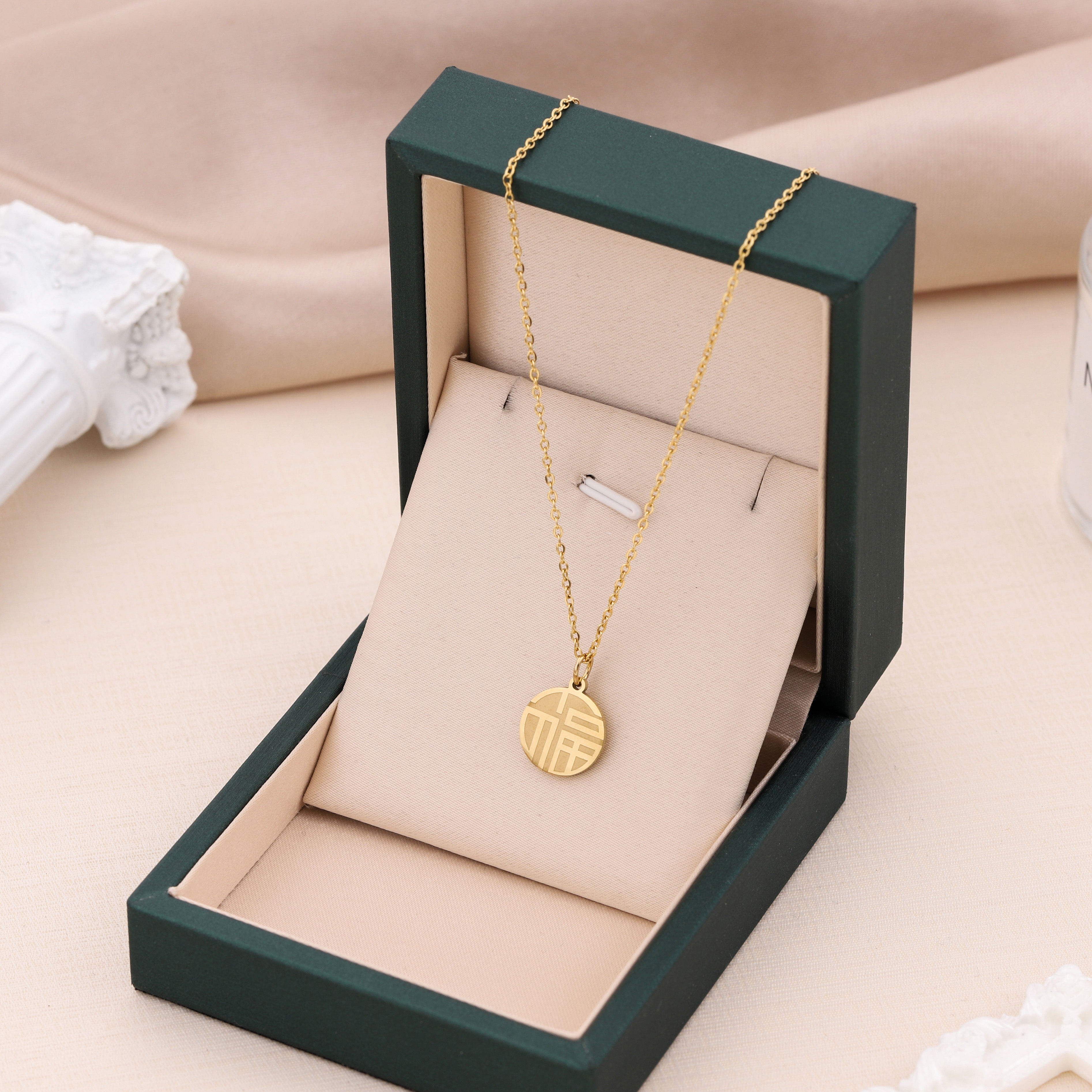 Round Pendant Necklace for Women, 316L Stainless Steel with 18K Gold PVD