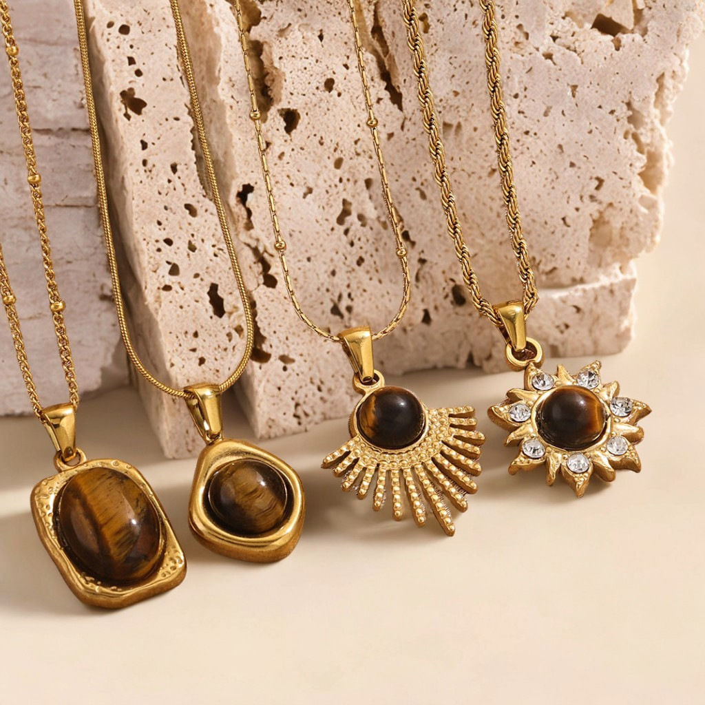 Geometric Sunflower Pendant Necklace, 316L Steel with 18K Gold PVD