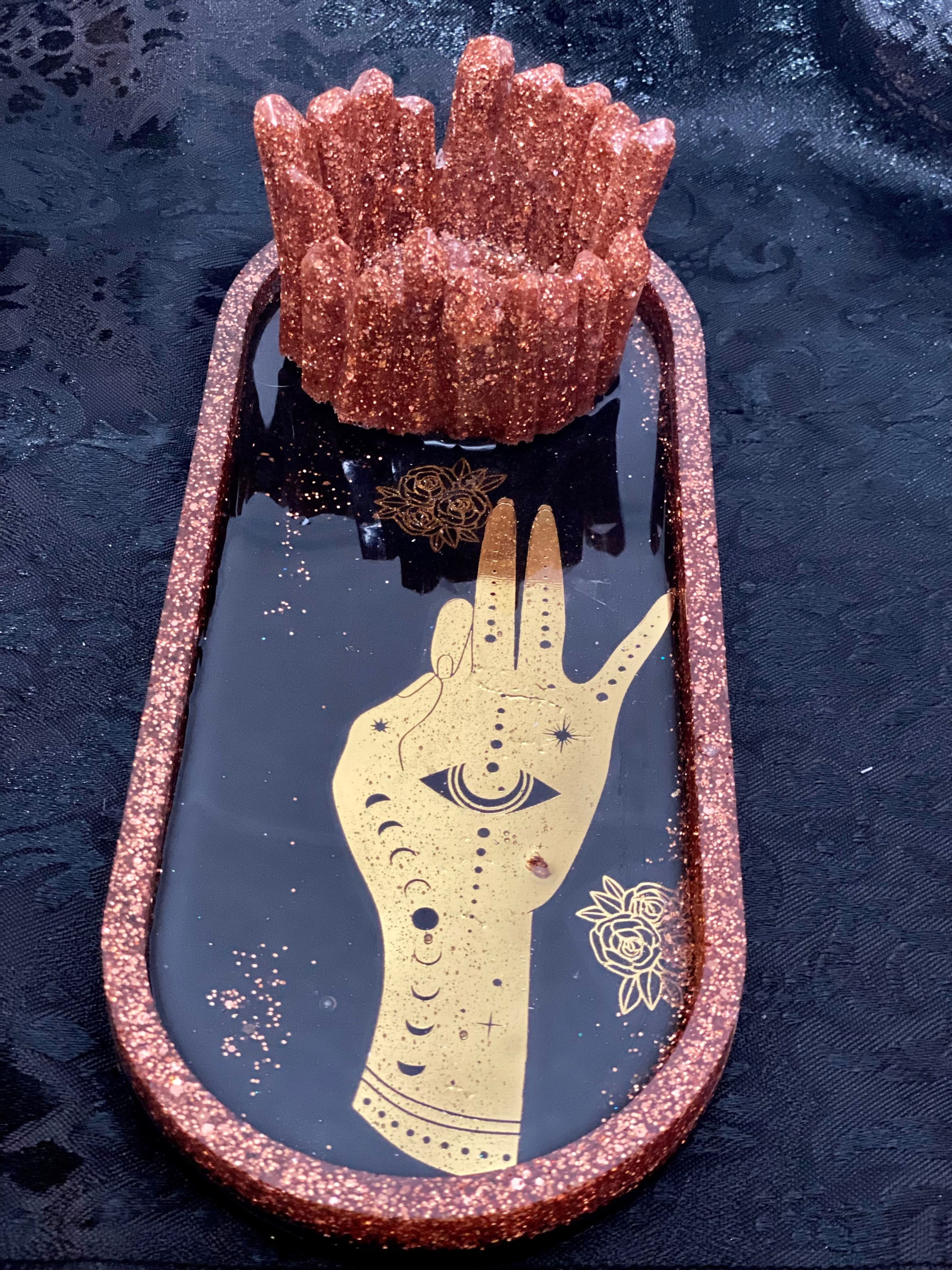 Copper and black celestial hand tray with faux crystal cluster
