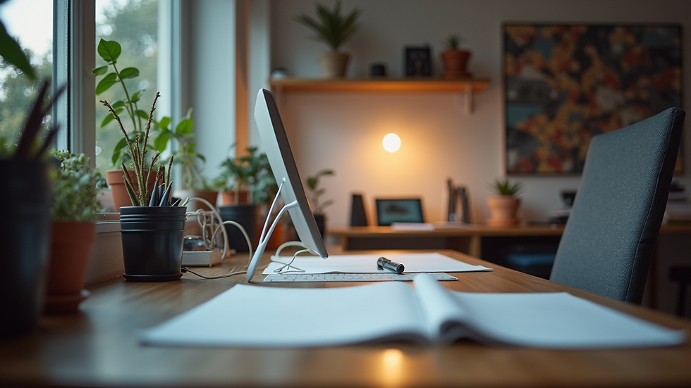 Eye-level view of a modern workspace with a creative setup