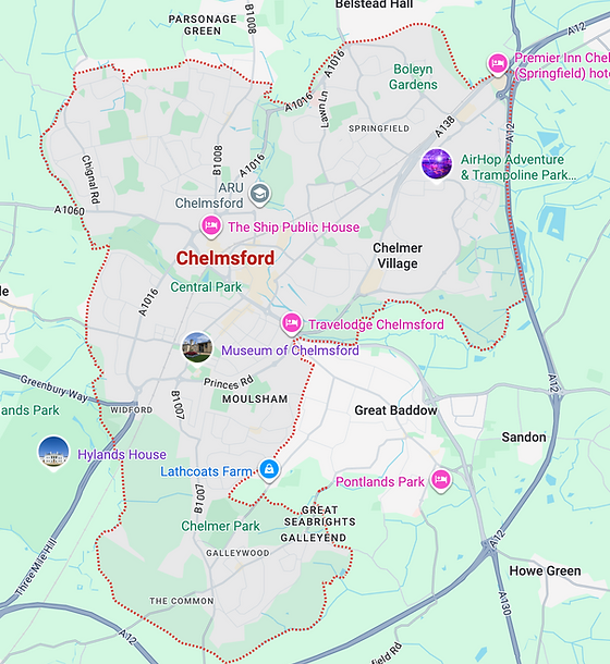 Map of Chelmsford drainage service area showing coverage and location markers