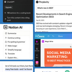 Screenshot collage of ChatGPT, Perplexity, Notion AI, Canva, and Grammarly in use