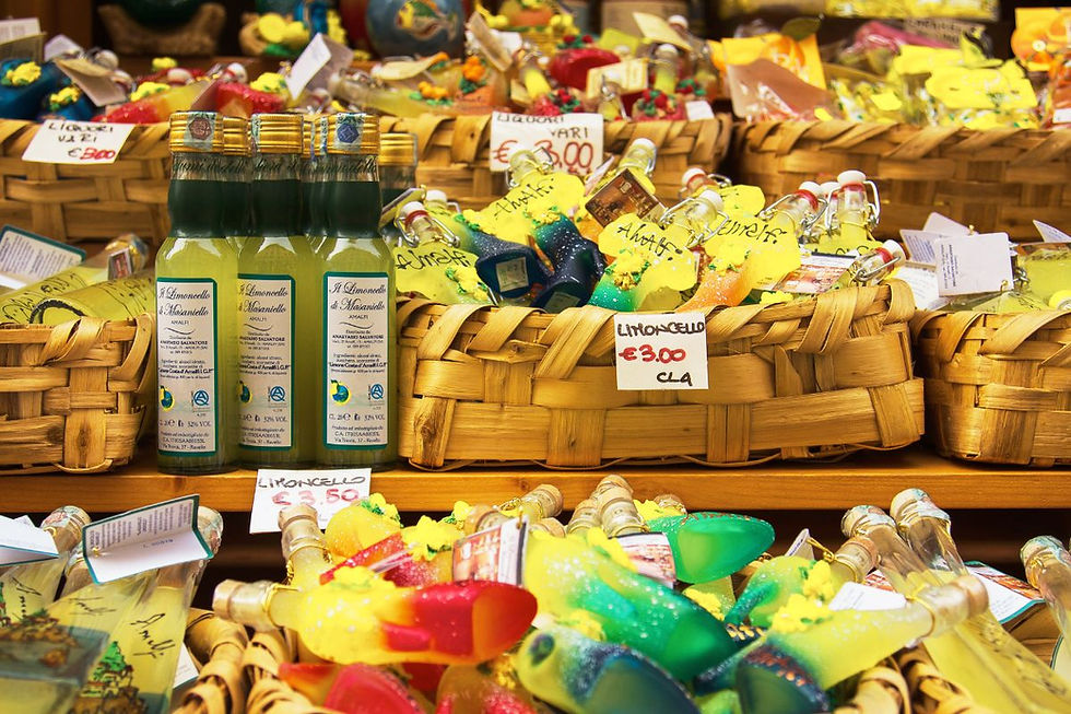 Collection of Limoncello at a boutique in Italy