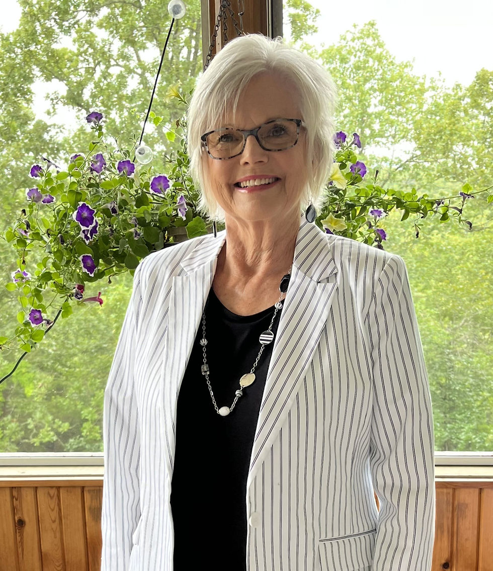 Smiling woman in a striped blazer in Town.