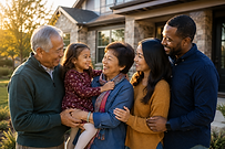 Multi-generational family outside their home representing real estate legacy planning in Austin