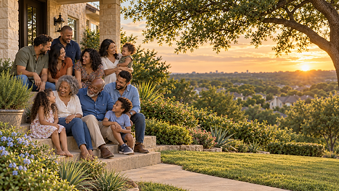 Three generations of a family gathered on the front porch of their Austin home