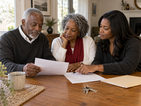 Older couple and a younger woman reviewing documents together at a dining table with house keys nearby.