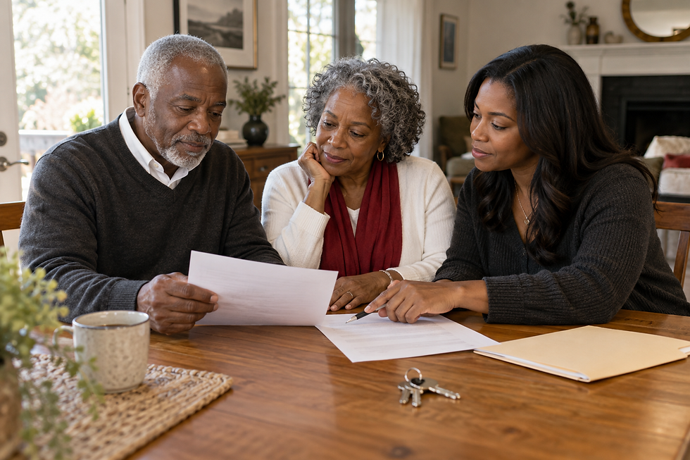 Older couple and a younger woman reviewing documents together at a dining table with house keys nearby.