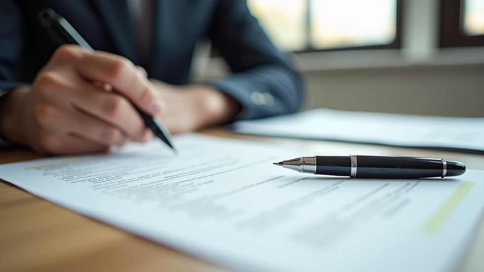 Close-up view of legal documents and a pen on a wooden desk