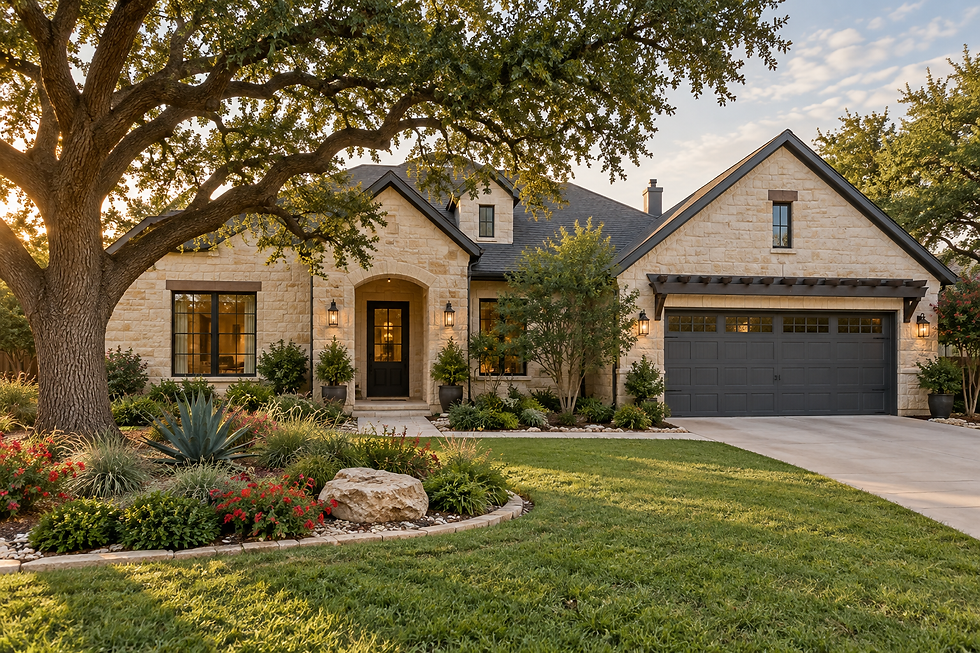 Limestone home with a mature oak tree and landscaped front garden in warm evening light.