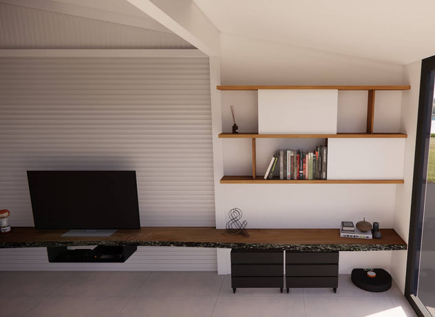 Détail meuble TV suspendu et étagères bois sur mur blanc texturé – rénovation case Tomi Sainte-Clotilde