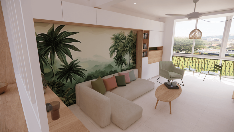 Salon rénové avec fresque végétale panoramique et mobilier bois, projet rénovation maison 974